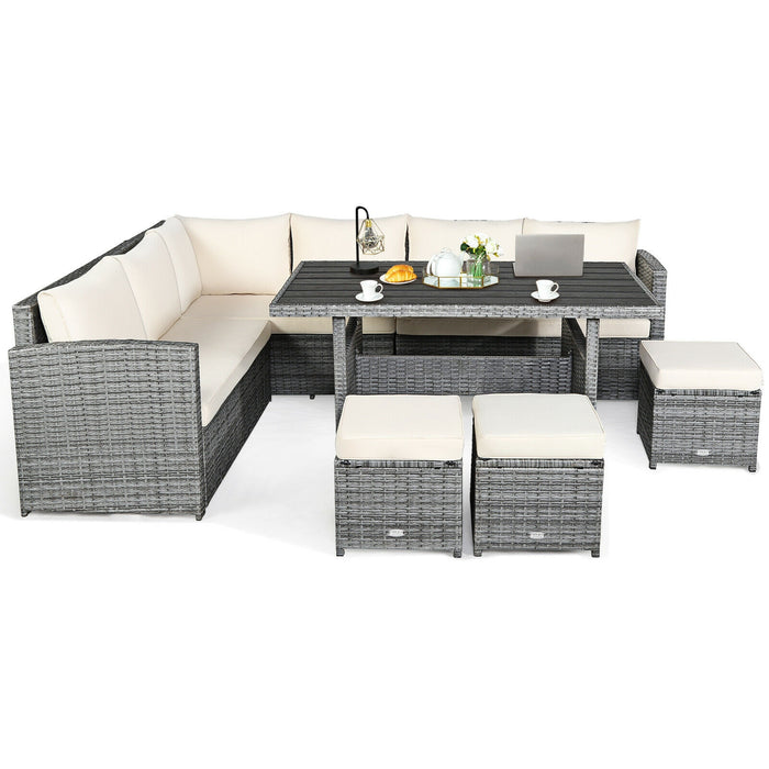 7 Pieces Patio Rattan Dining Furniture Sectional Sofa Set with Wicker Ottoman-Beige