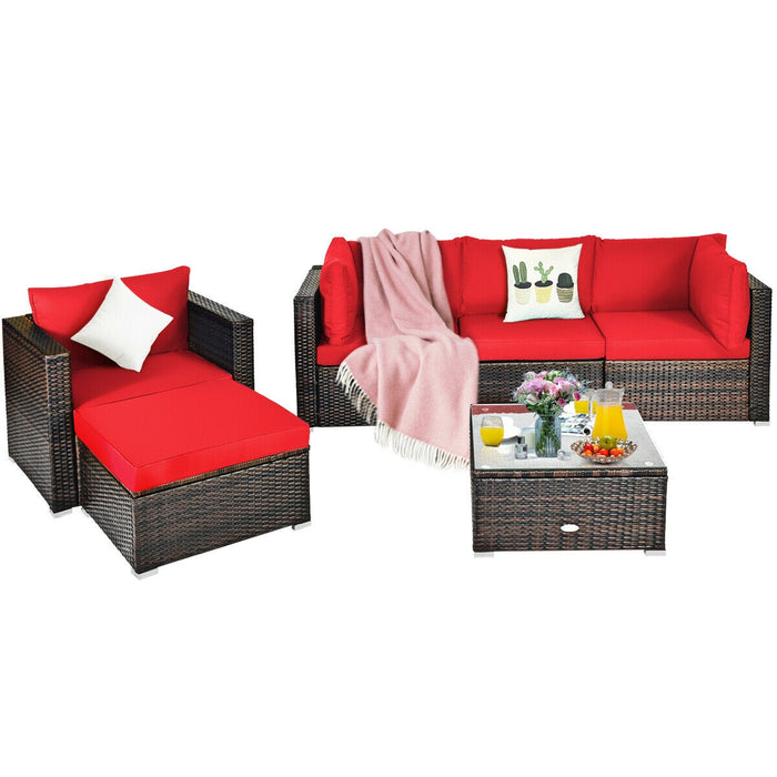 6 Pcs Patio Rattan Furniture Set with Sectional Cushion-Red