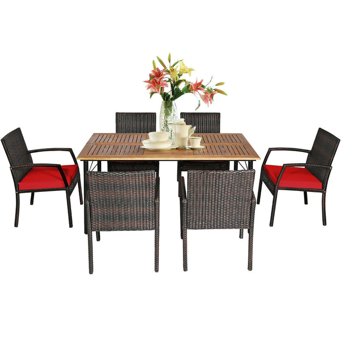 7Pcs Patio Rattan Cushioned Dining Set with Umbrella Hole-Red