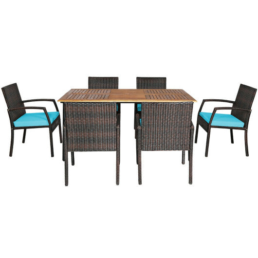 7Pcs Patio Rattan Cushioned Dining Set with Umbrella Hole-Turquoise