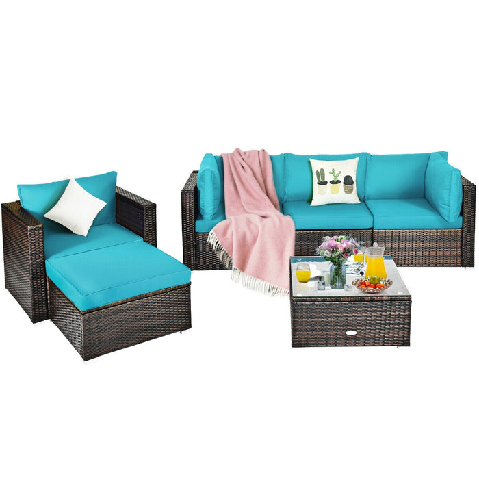 6 Pcs Patio Rattan Furniture Set with Sectional Cushion-Turquoise