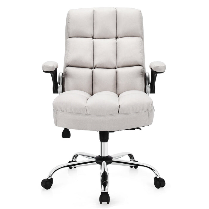 Adjustable Swivel Office Chair with High Back and Flip-up Arm for Home and Office-Beige