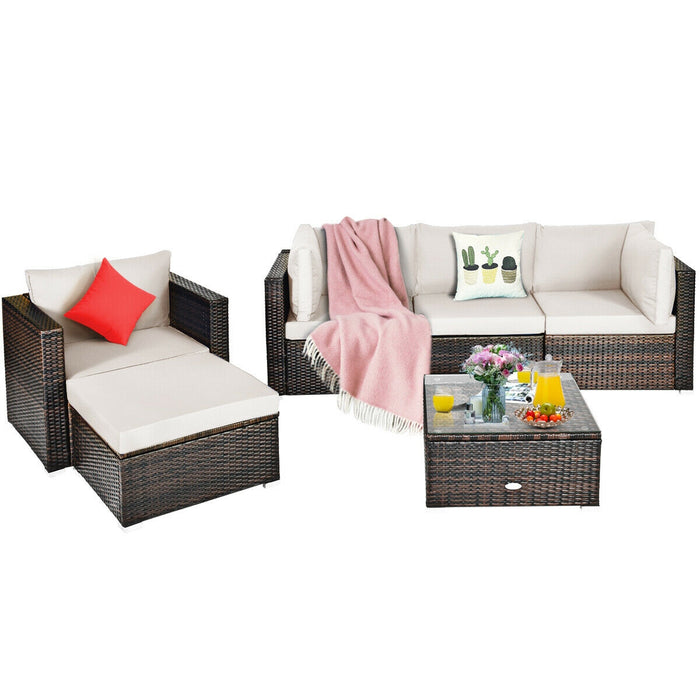 6 Pcs Patio Rattan Furniture Set with Sectional Cushion-White