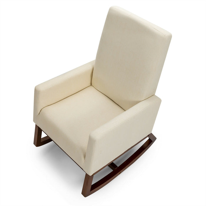 Rocking High Back Upholstered Lounge Armchair with Side Pocket-Beige