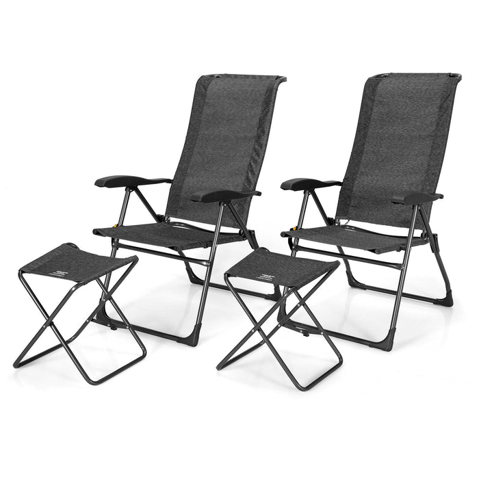 4 Pieces Patio Adjustable Back Folding Dining Chair Ottoman Set-Gray