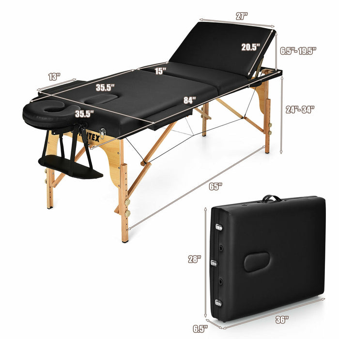 3 Fold Portable Adjustable Massage Table with Carry Case-Black