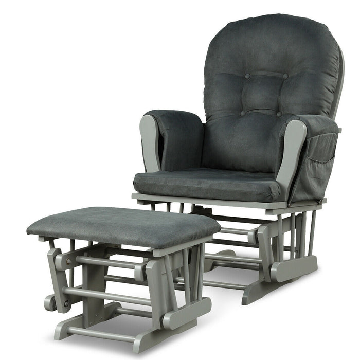 Wood Glider and Ottoman Set with Padded Armrests and Detachable Cushion-Dark Gray