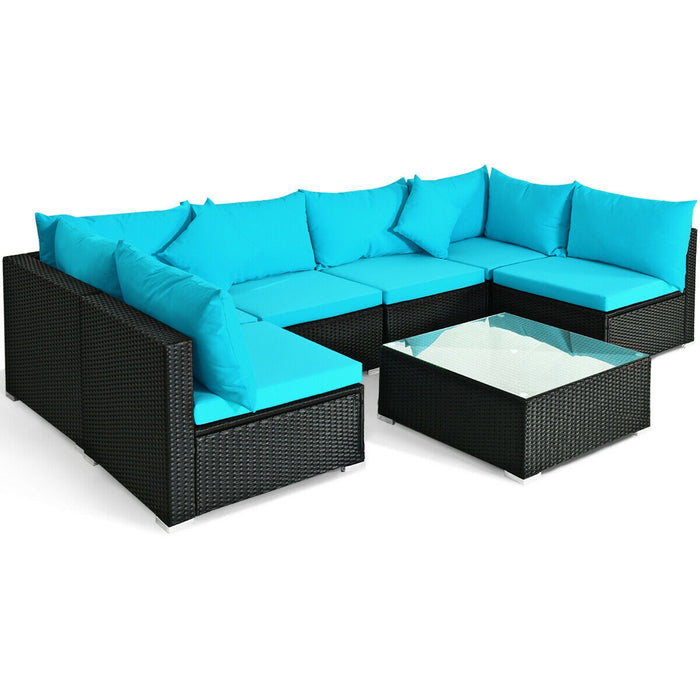 7-Piece Outdoor Sectional Wicker Patio Sofa Set with Tempered Glass Top-Blue