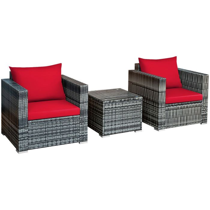 3 Pcs Patio Rattan Furniture Bistro Sofa Set with Cushioned-Red