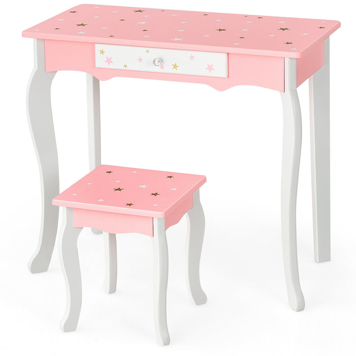 Kids Princess Vanity Table and Stool Set with Tri-folding Mirror and Drawer-Pink