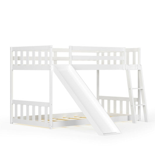 Twin over Twin Bunk Wooden Low Bed with Slide Ladder for Kids-White