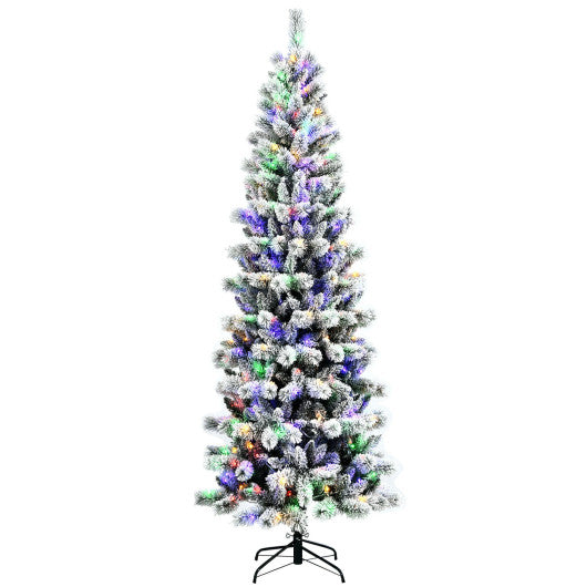 8 Feet Pre-Lit Hinged Snow Flocked Christmas Tree with Remote Control