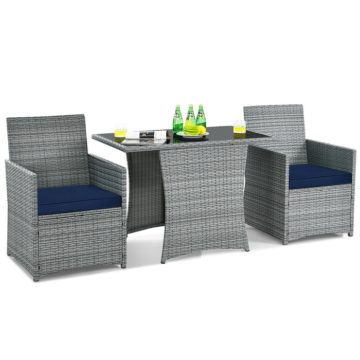 3 Pieces Patio Rattan Furniture Set with Cushioned Armrest Sofa-Navy