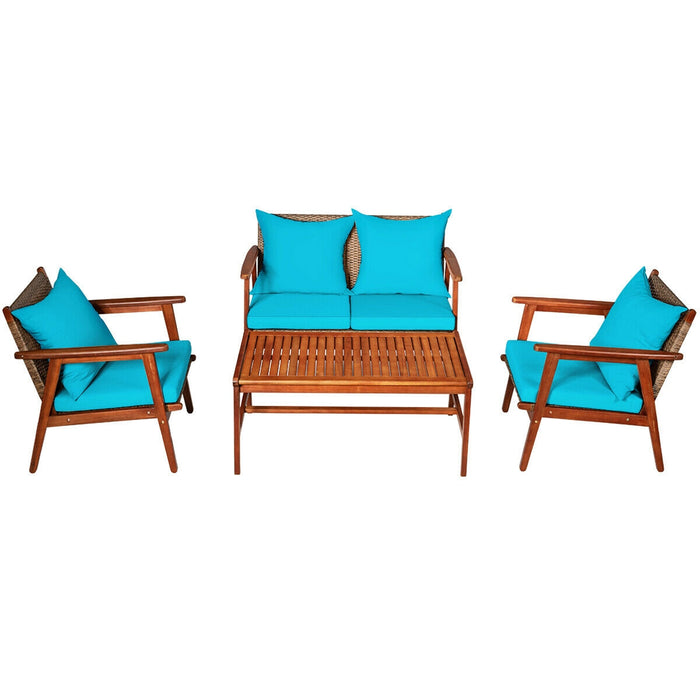 4 Pieces Acacia Wood Patio Rattan Furniture Set-Turquoise