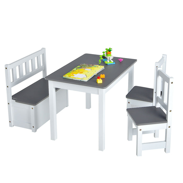 4 Pieces Kids Wooden Activity Table and Chairs Set with Storage Bench and Study Desk-Gray