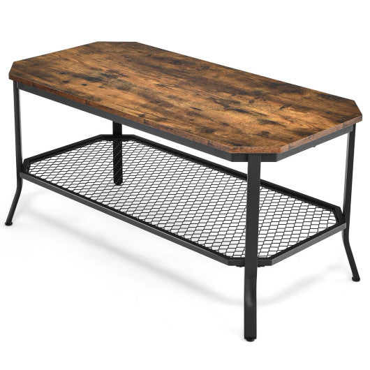 2-Tier Industrial Coffee Table with Open Mesh Storage Shelf for Living Room-Rustic Brown