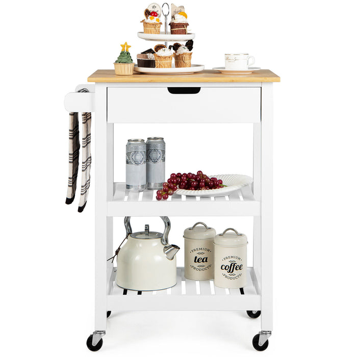 3-Tier Kitchen Island Cart Rolling Service Trolley with Bamboo Top-White