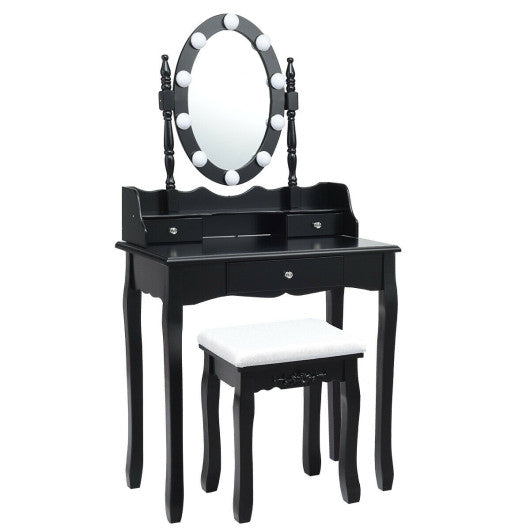 Oval Mirror Vanity Set  with 10 LED Dimmable Bulbs and 3 Drawers-Black