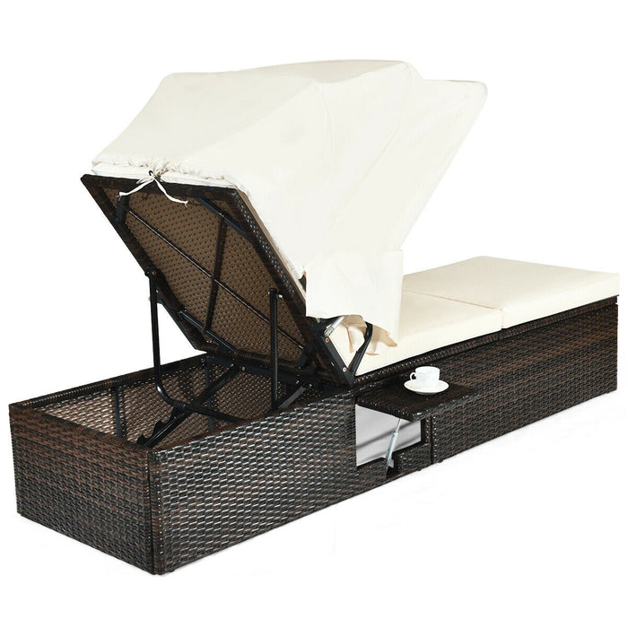 Chaise Cushioned Top Canopy Patio Rattan Lounge Chair with Tea Table