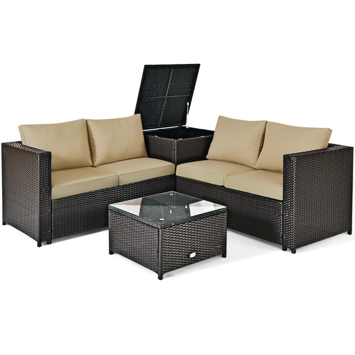 4 Pieces Outdoor Patio Rattan Furniture Set with Cushioned Loveseat and Storage Box-Brown