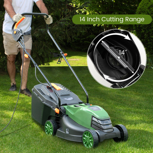 12-AMP 13.5 Inch Adjustable Electric Corded Lawn Mower with Collection Box-Green