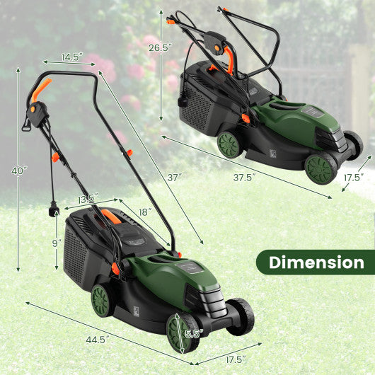 12-AMP 13.5 Inch Adjustable Electric Corded Lawn Mower with Collection Box-Green