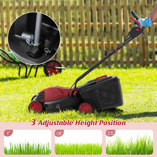 12-AMP 13.5 Inch Adjustable Electric Corded Lawn Mower with Collection Box-Red