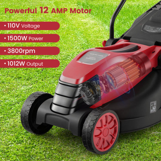 12-AMP 13.5 Inch Adjustable Electric Corded Lawn Mower with Collection Box-Red