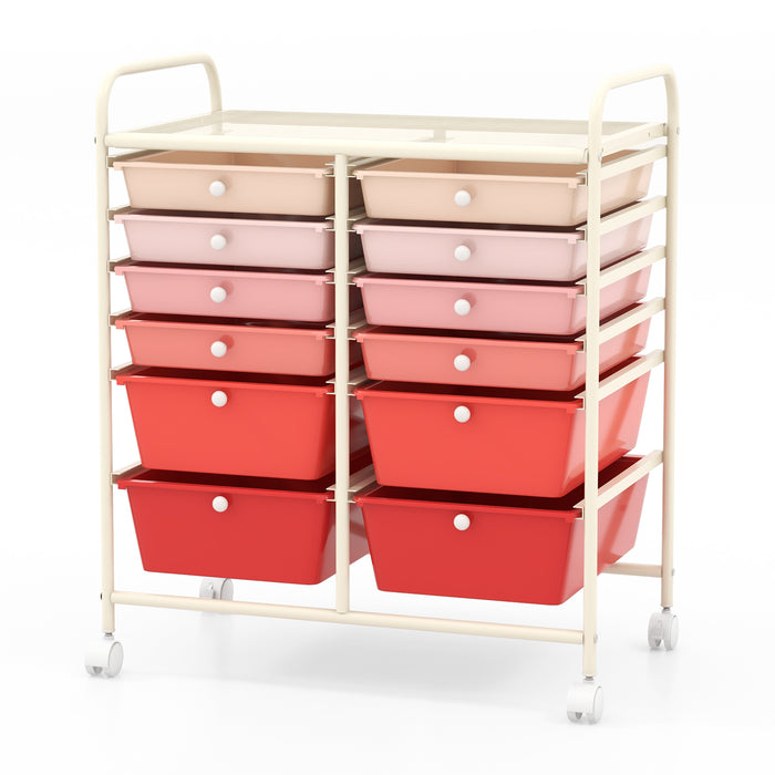 12-Drawer Rolling Storage Cart with Removable Drawers and Lockable Wheels-Pink