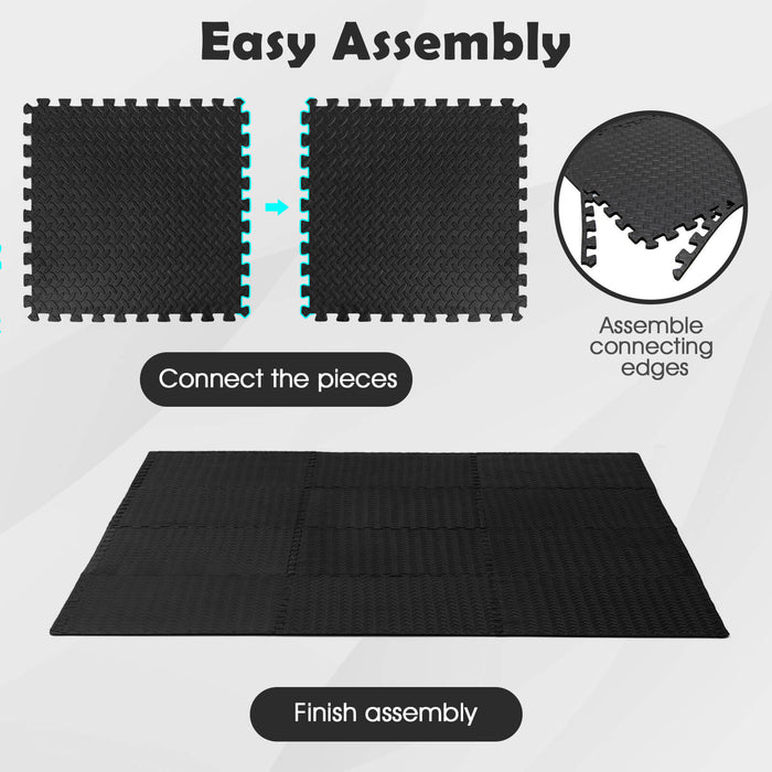 12 Pieces Puzzle Interlocking Flooring Mat with Anti-slip and Waterproof Surface-Black