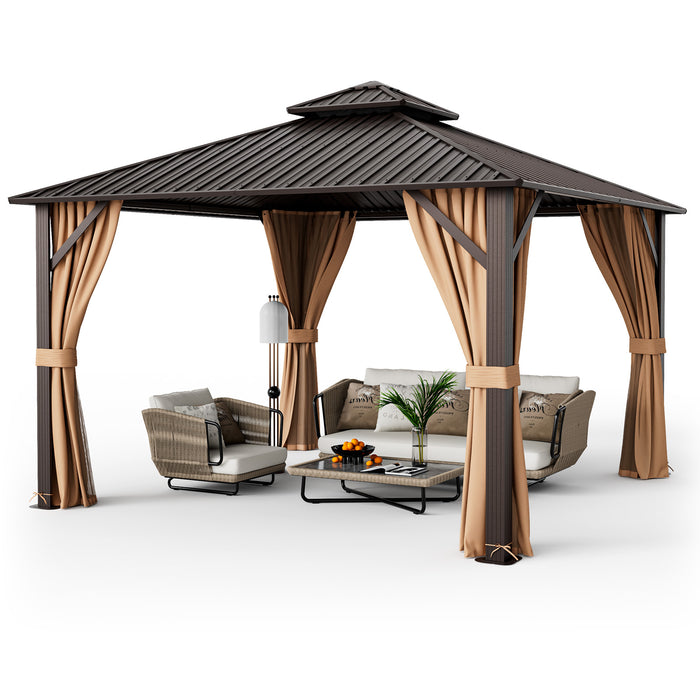 12 x 12 Feet Double-Roof Patio Hardtop Gazebo with Galvanized Steel Roof Netting and Curtains-Coffee