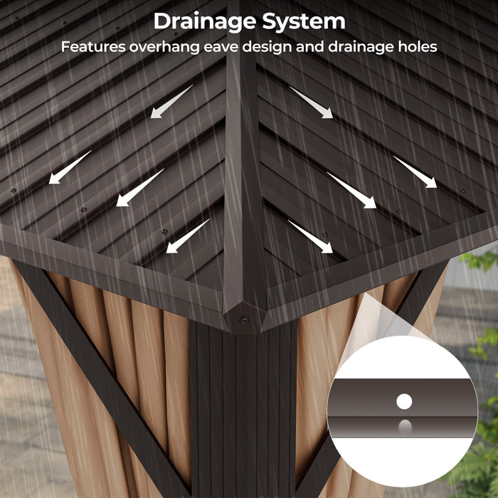 12 x 12 Feet Double-Roof Patio Hardtop Gazebo with Galvanized Steel Roof Netting and Curtains-Coffee