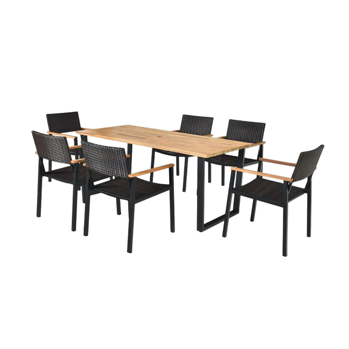 Patented 7 Pieces Outdoor Dining Set with Large Acacia Wood Table Top