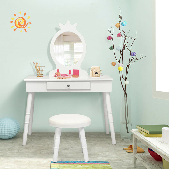 Kids Vanity Makeup Table & Chair Set Make Up Stool-White