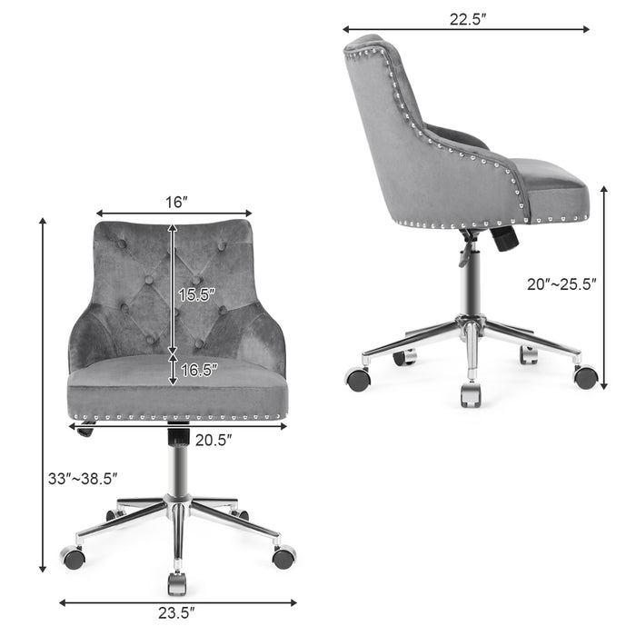 Tufted Upholstered Swivel Computer Desk Chair with Nailed Tri-Gray