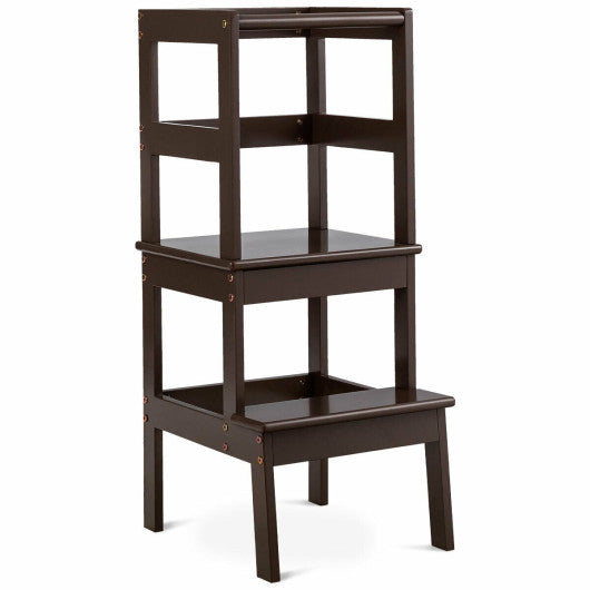 Wooden Kids Kitchen Step Stool with Safety Rail-Dark Brown