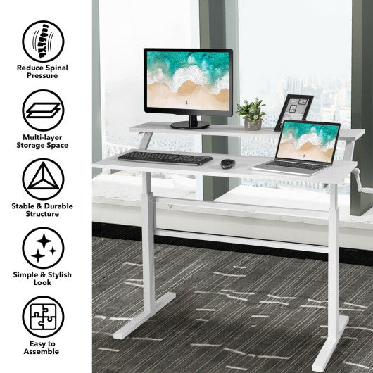 Standing Desk Crank Adjustable Sit to Stand Workstation -White