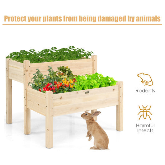 2 Tier Wooden Elevated Planter Box with Legs and Drain Holes for Balcony and Yard