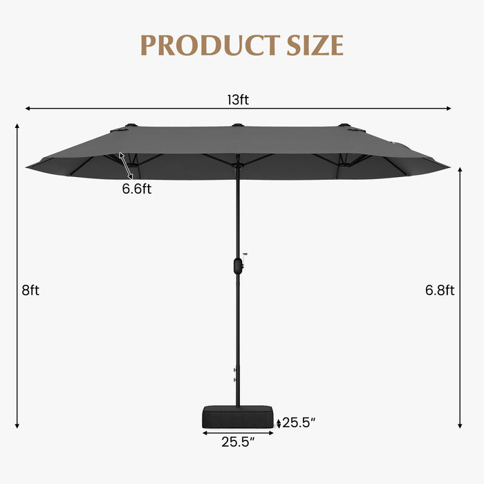 13 Feet Double-Sided Patio Twin Table Umbrella with Crank Handle-Gray