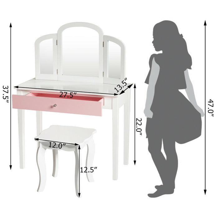 Kids Princess Make Up Dressing Table with Tri-folding Mirror and Chair-White