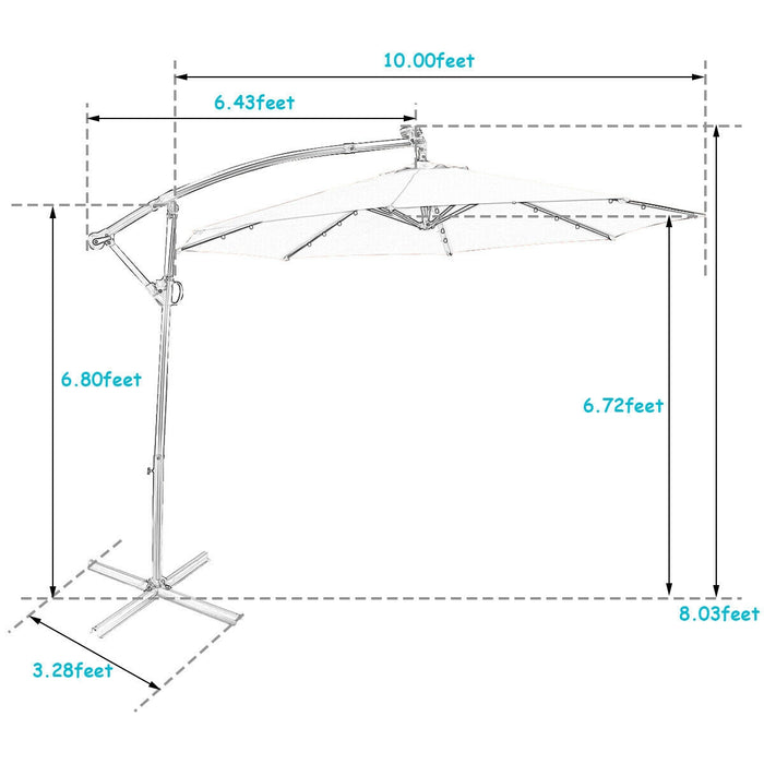 10FT 360Â° Rotation Solar Powered LED Patio Offset Umbrella-Turquoise