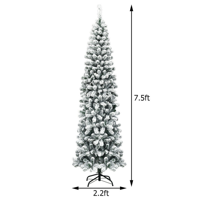 7.5 Feet Pre-lit Snow Flocked Artificial Pencil Christmas Tree with LED Lights