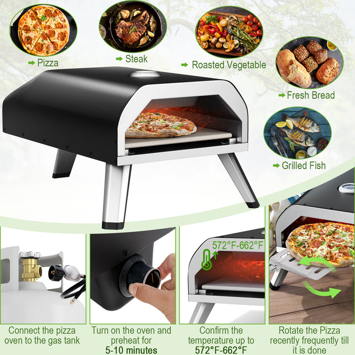 15000 BTU Foldable Pizza Oven with Pizza Peel Stone and Cutter-Black