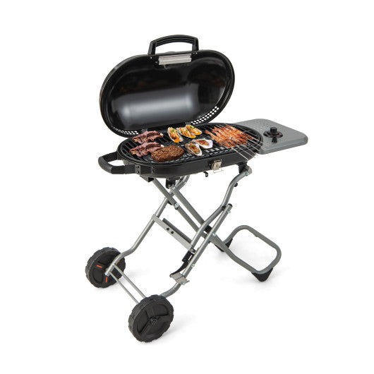 15000 BTU Portable Propane BBQ Grill with Wheels and Side Shelf-Black