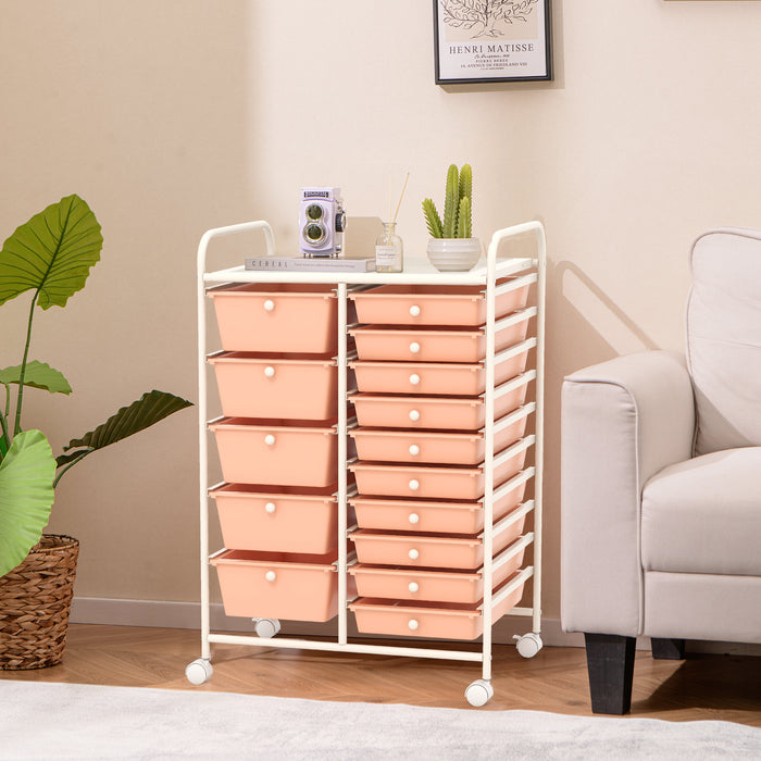 15-Drawer Utility Rolling Organizer Cart Multi-Use Storage-Peach