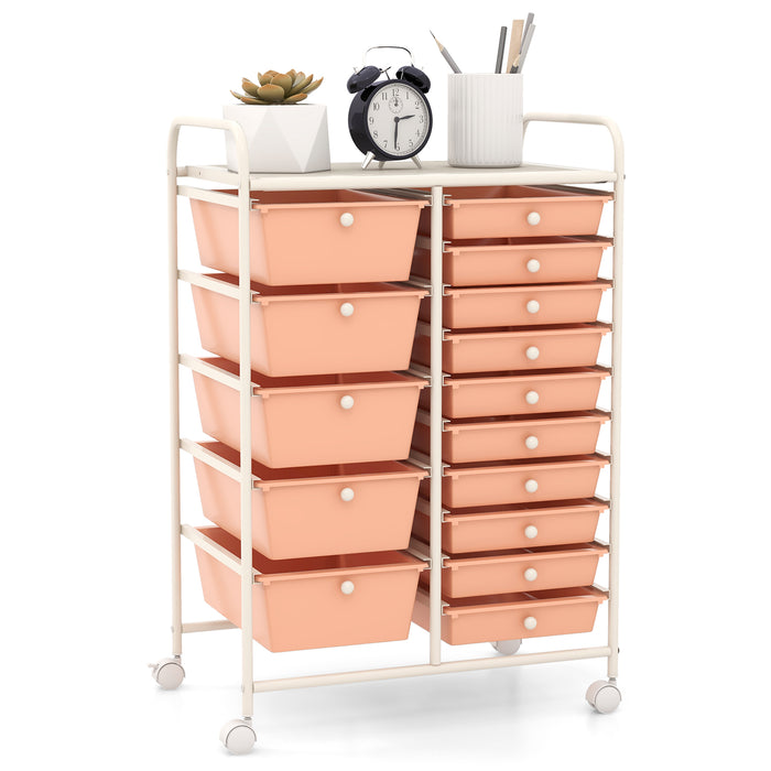 15-Drawer Utility Rolling Organizer Cart Multi-Use Storage-Peach