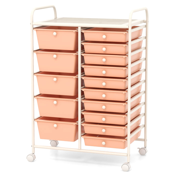 15-Drawer Utility Rolling Organizer Cart Multi-Use Storage-Peach