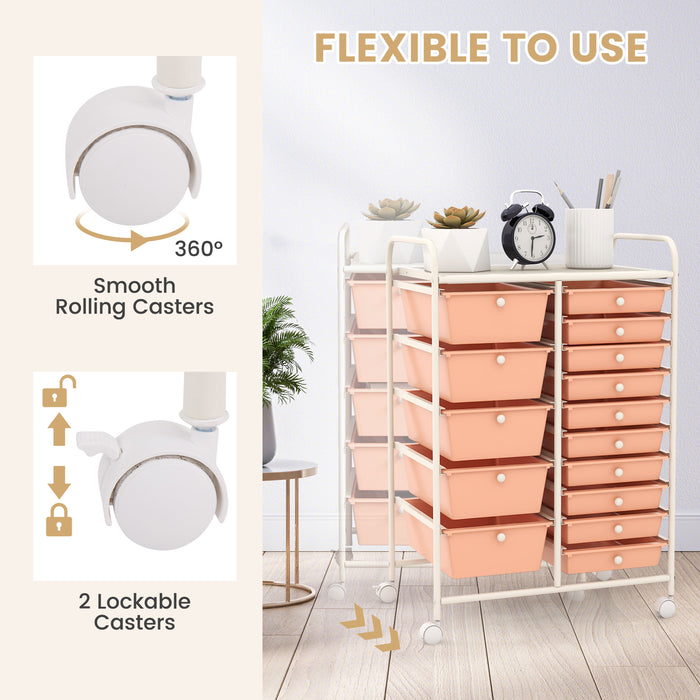 15-Drawer Utility Rolling Organizer Cart Multi-Use Storage-Peach