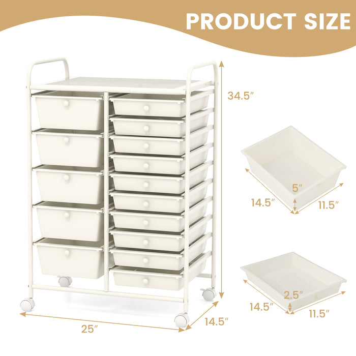 15-Drawer Utility Rolling Organizer Cart Multi-Use Storage-White