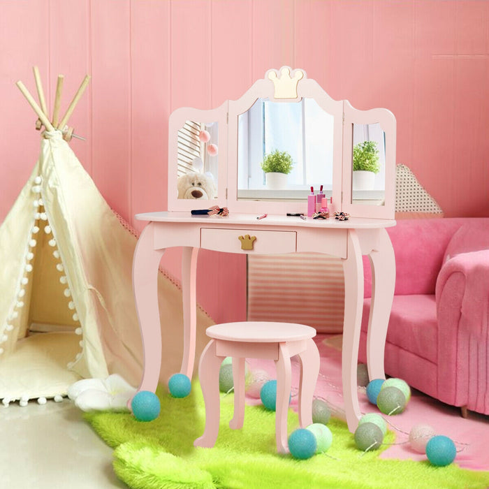 Kids Makeup Dressing Table with Tri-folding Mirror and Stool-Pink